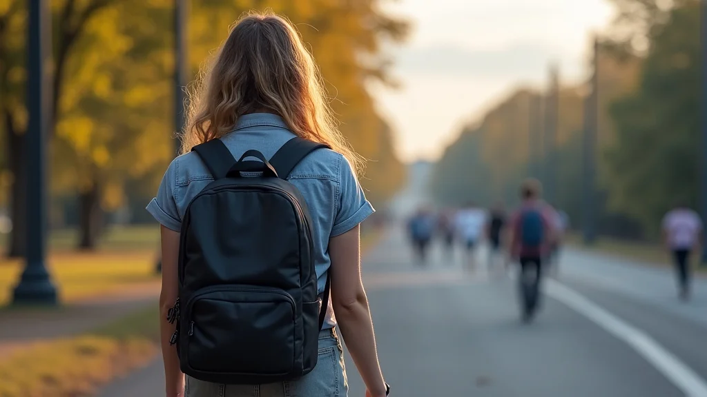 The image shows a stylish woman selecting a practical backpack for choosing the best ladies backpack.