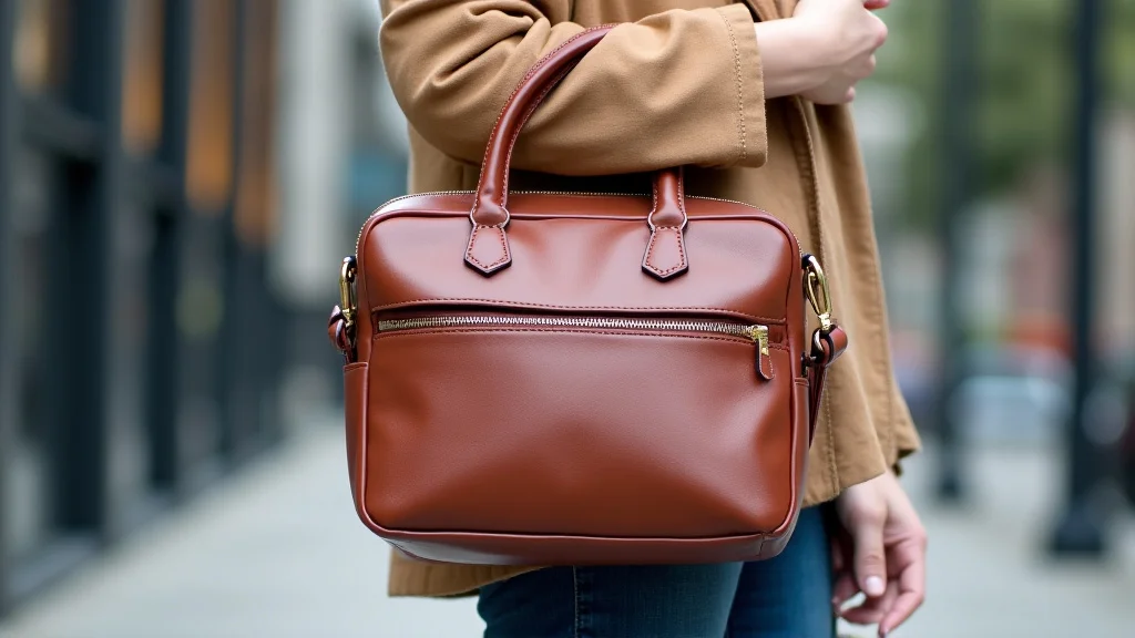 The image shows a stylish leather laptop bag, perfect for choosing the right ladies laptop bag.